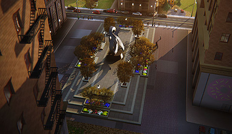 Velká městská zahrada s plastikami